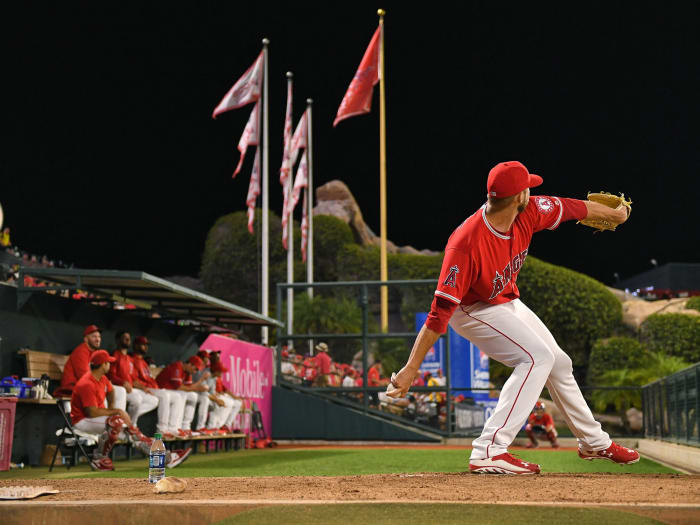 Angels pitcher throws a ball